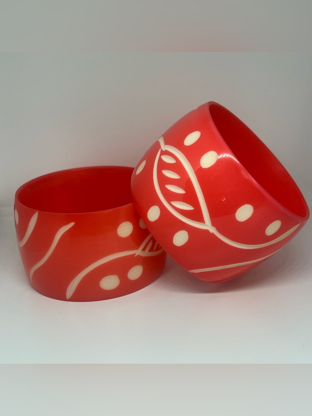 Set of 2 Red/Orange& White Wide Bangle Bracelets Leaf Dot Design